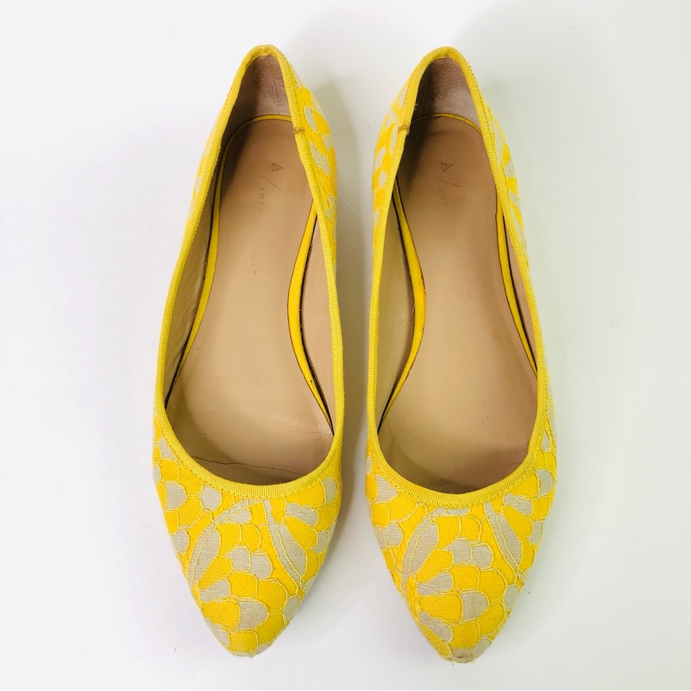 Anthropologie Yellow Lace Flats Sz 7.5 M Shoes Leather Slip-on Ballet Flats Boho